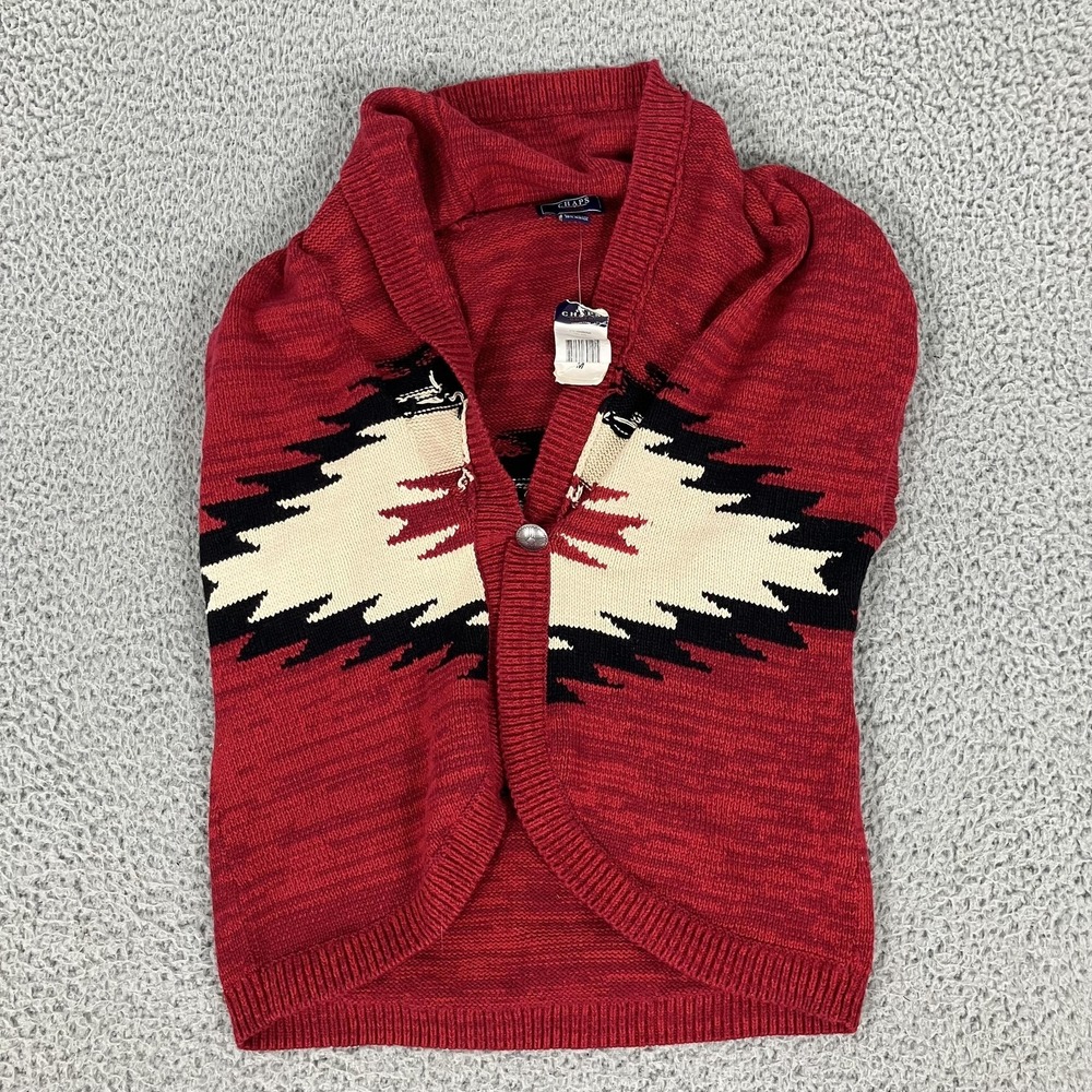 Chaps Sweater Womens Medium Red Cotton Blend‎ Shawl Collar Aztec Knit Warm